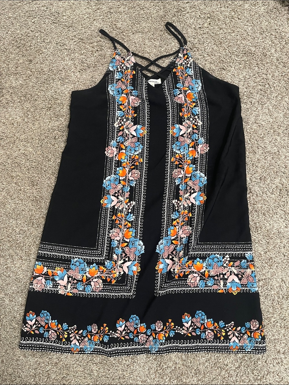 Black Floral Embroidered Strappy Slip Dress